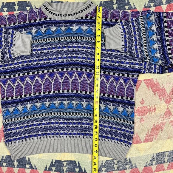 Vintage Grandpa Sweater Mens Large Gray Crewneck 90s Aztec Grunge Nubby Knit - Picture 6 of 11